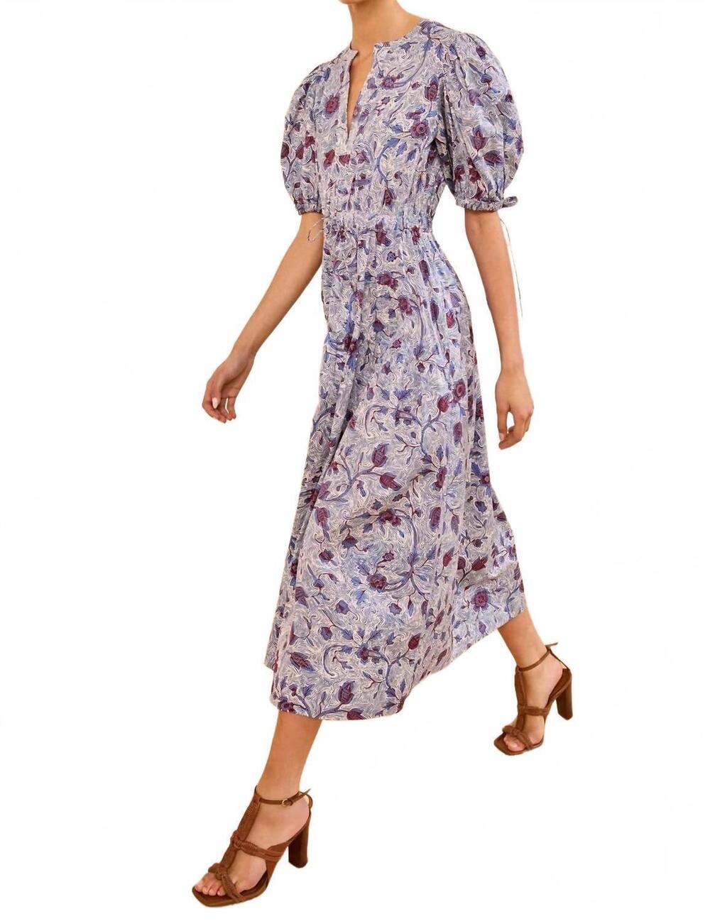 NEW ULLA JOHNSON adriana wave floral puff sleeve belted midi dress in gardenia